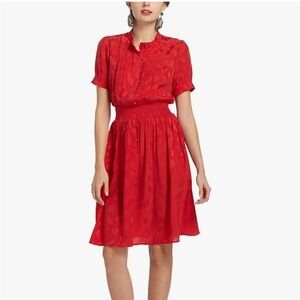 Maple by Some Odd Rubies Crimson Red Silk LeafPrint Smocked Waist Social Dress 6